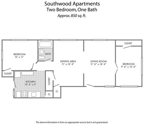 Floor plan for 2 beds, 1 bath, 850 sqft